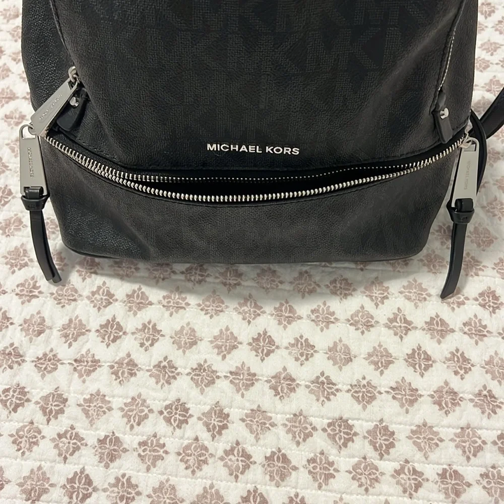 Michael Kors Rhea Medium Signature Backpack Handbag Black with Silver Hardware